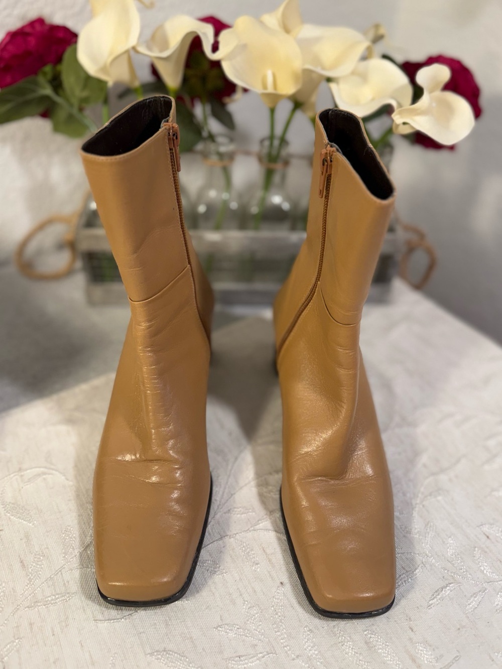 Sudini Vintage Camel Leather Square Toe Block Heel Joan Ankle Boots Sz 7.5N